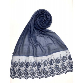 Designer Cotton Women's Stole with flower print - Navy Blue